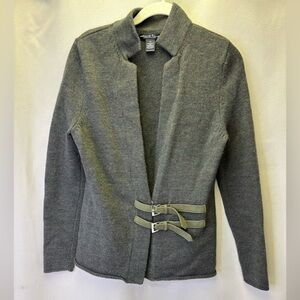 Marina Luna Olive Green Cardigan with Suede belt straps 100% Merino Wool Size M